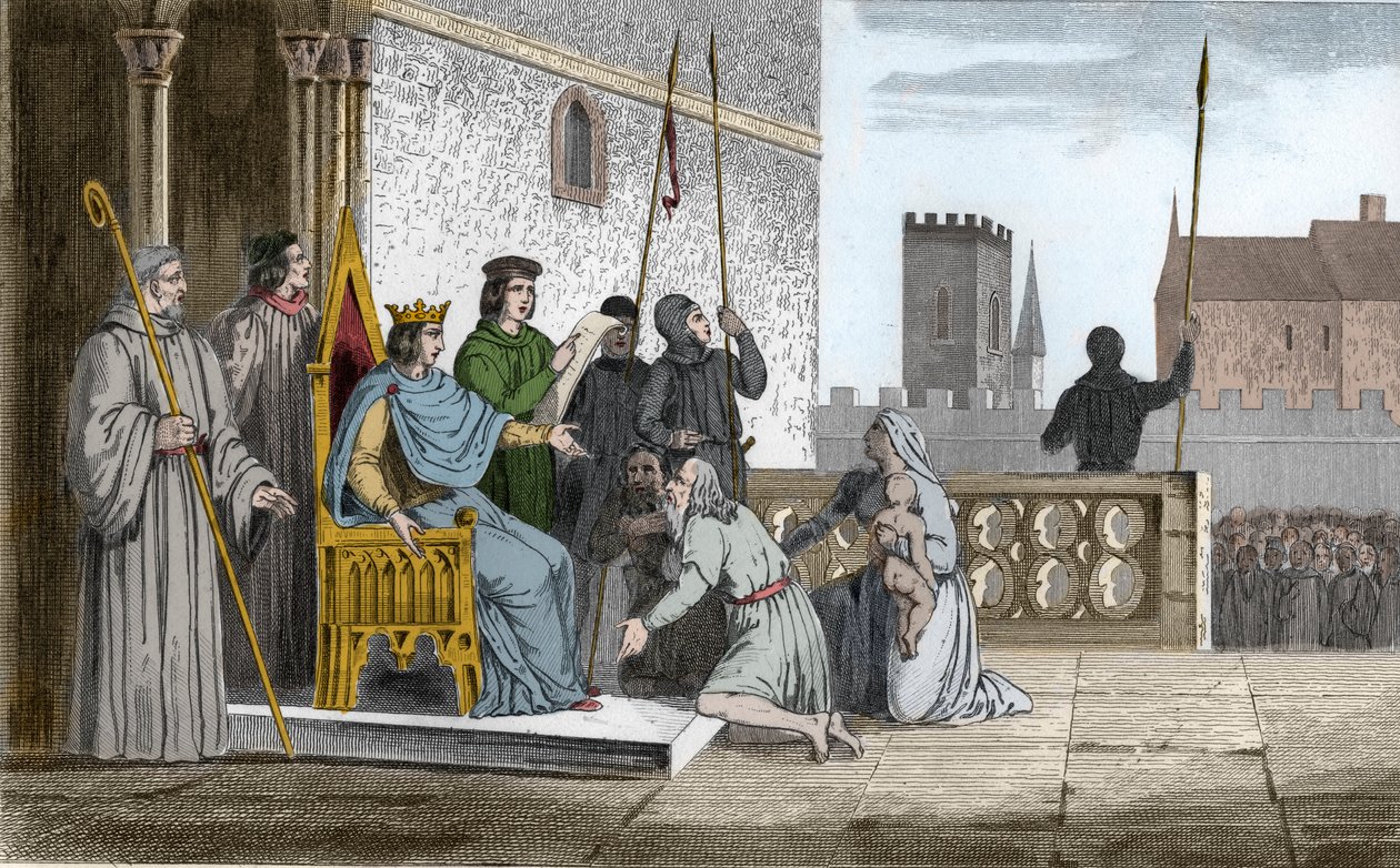 Ludwig X (1289-1316) der Unartige emanzipiert die Leibeigenen - Ludwig X genannt „Le Hutin“ (1289-1316), Dynastie der Kapetinger, bekannt dafür, alle Leibeigenen seines Königreichs befreit zu haben, die er zwang, ihre Freiheit zu erkaufen - Gravur von 1825 von Ambroise Tardieu