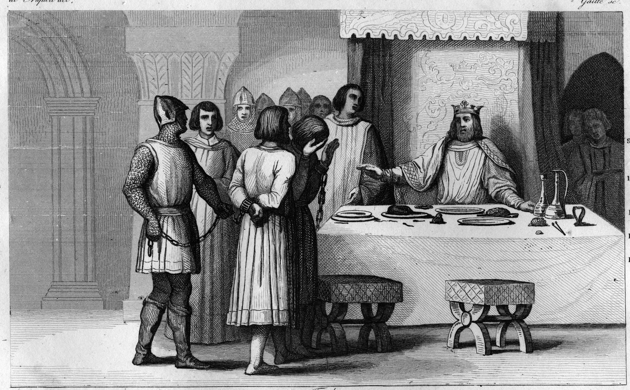 Robert II., der Fromme, befreit Verschwörer - Robert II. genannt „der Fromme“, Dynastie der Kapetinger - Da er wusste, dass zwei Verschwörer zum Tode verurteilt worden waren, ließ er sie kommunizieren, gut behandeln und dann freilassen - Gravur von Ambroise Tardieu