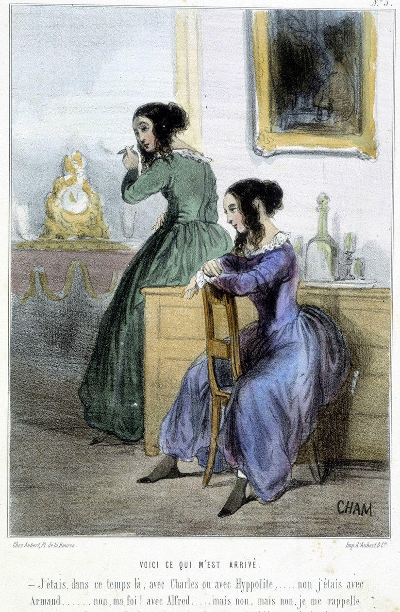 Hier ist, was mir passiert ist (Gespräch der flatterhaften Frauen) - in „Madeleines“ von Cham, ca. 1870-1880 von Amédée de Noé