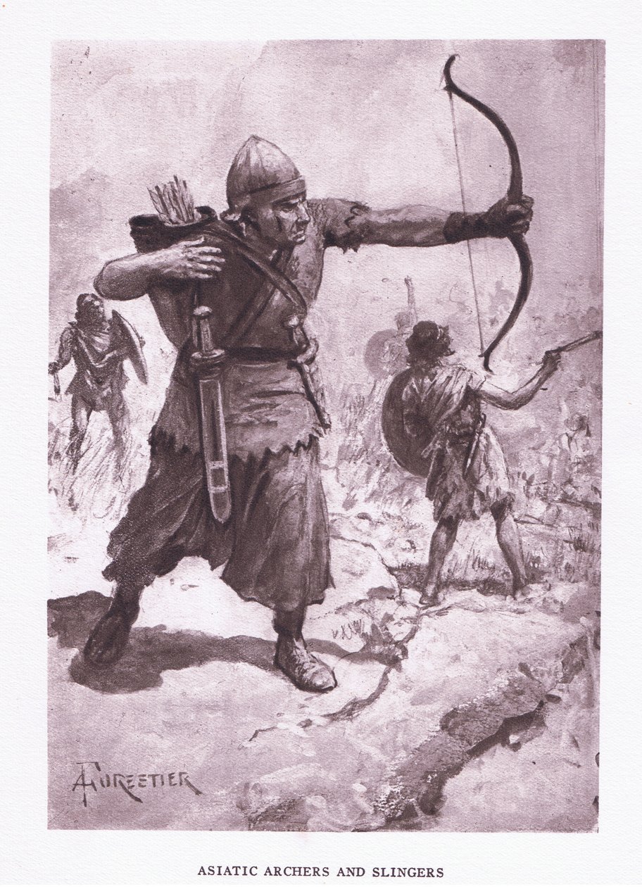 Asiatische Bogenschützen und Schleuderer, Illustration aus Der römische Soldat, 1928 von Amedee Forestier