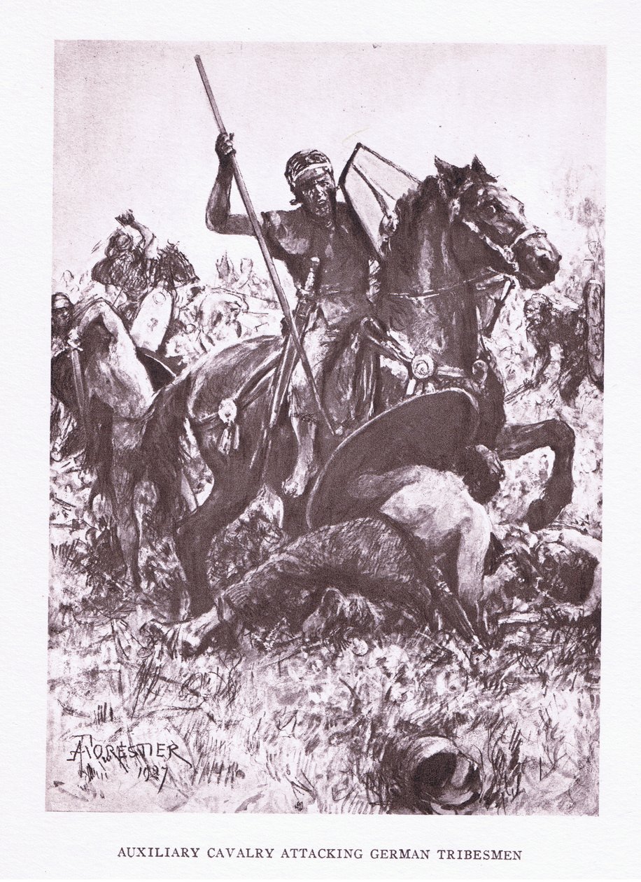 Hilfskavallerie greift germanische Stämme an, Illustration aus Der römische Soldat, 1928 von Amedee Forestier