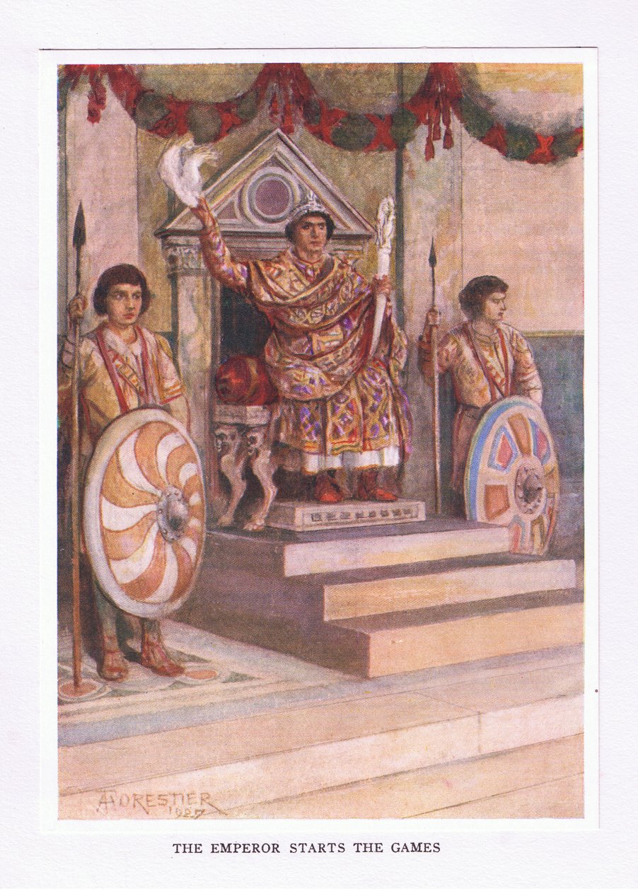 Der Kaiser eröffnet die Spiele, Illustration aus Der römische Soldat, 1928 von Amedee Forestier