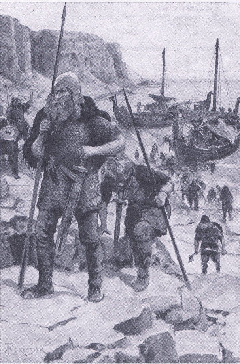 Die Wikinger finden Amerika, aus My Magazine, veröffentlicht 1922 (Lithografie) von Amedee Forestier