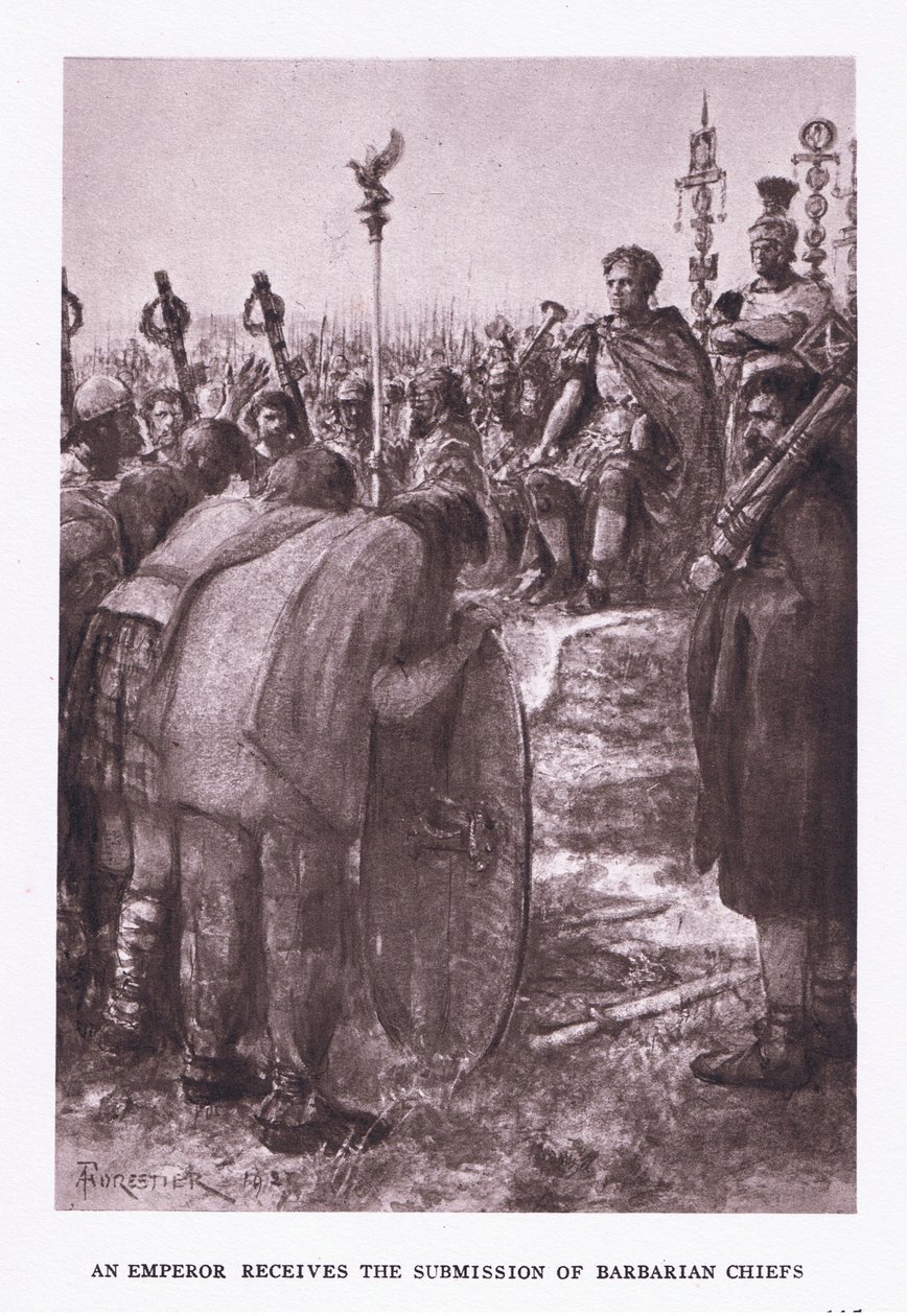 Der Kaiser empfängt die Unterwerfung barbarischer Häuptlinge, Illustration aus Der römische Soldat, 1928 von Amedee Forestier