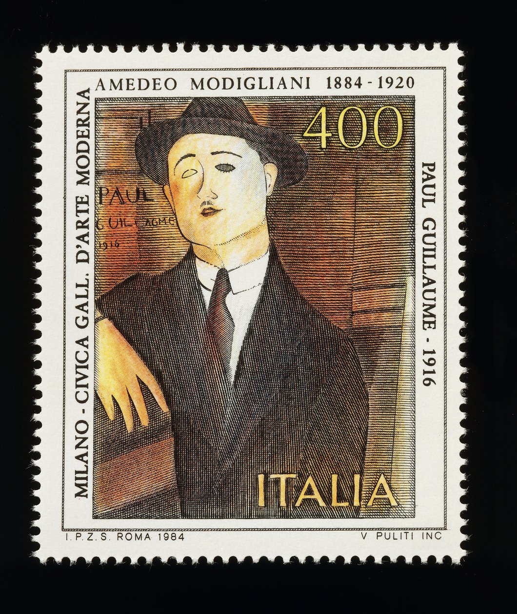 Briefmarke aus der Serie Italienische Kunst zu Ehren von Amedeo Modigliani (1884-1920), zeigt Porträt von Paul Guillaume (1916), 400-Lire-Marke von Amadeo (after) Modigliani