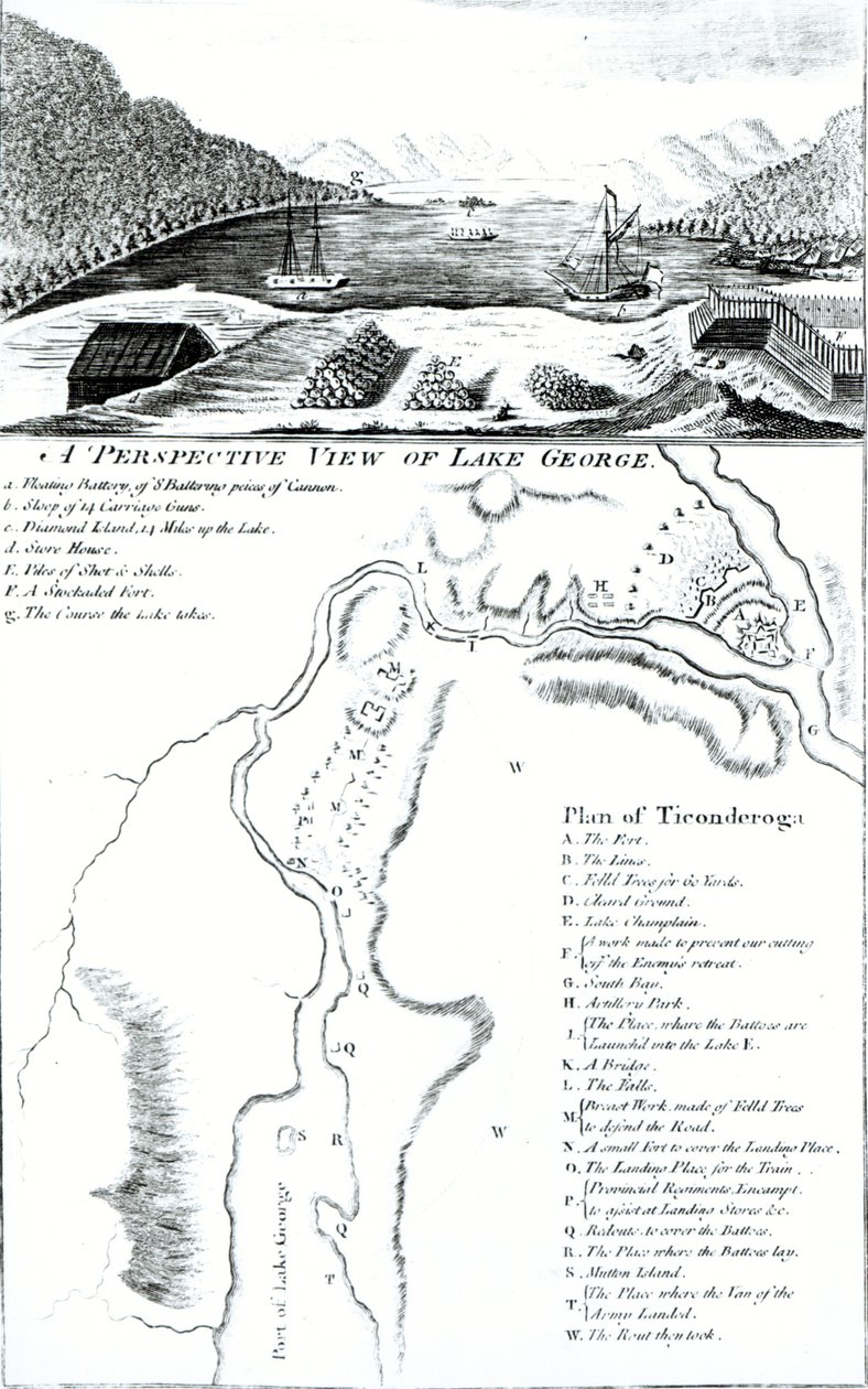 Eine perspektivische Ansicht des Lake George und ein Plan von Ticonderoga von American School
