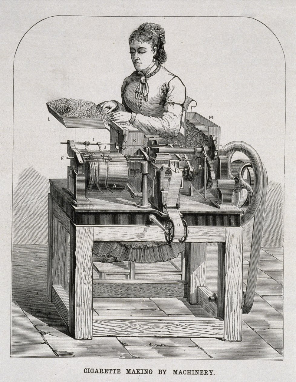 Eine Frau bedient eine französische Zigarettenrollmaschine, 1878 von American School