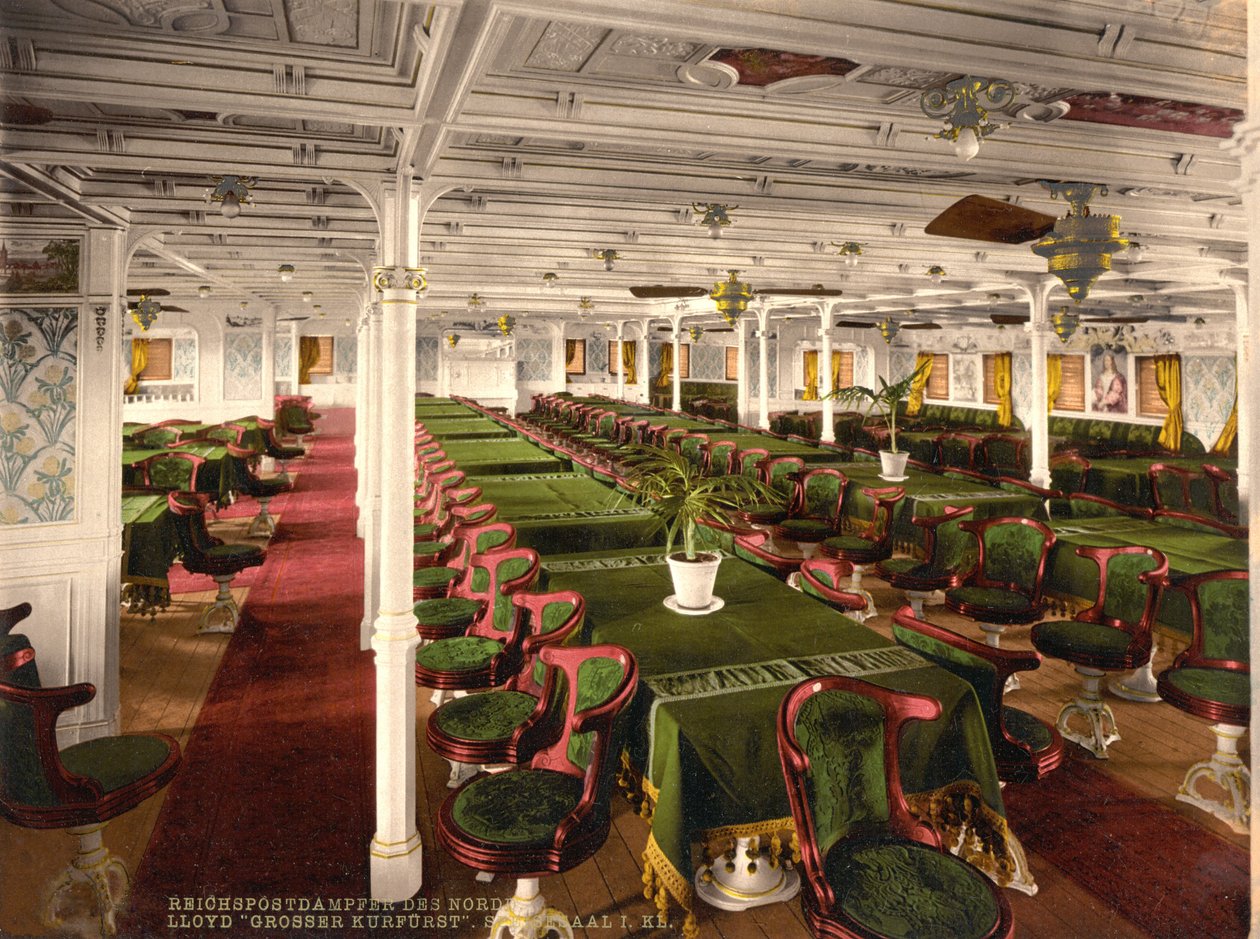 Erste Klasse Speisesaal auf Grosser Kurfürst, veröffentlicht ca. 1899 von American School