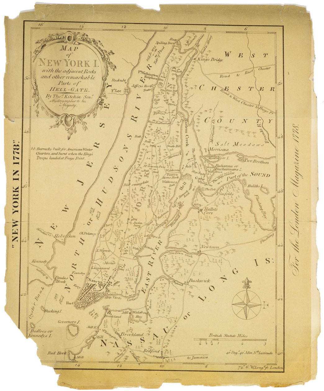 Karte der Insel New York mit den angrenzenden Felsen und anderen bemerkenswerten Teilen von Hell-Gate, 1778 (schwarze Tinte auf Papier) von American School