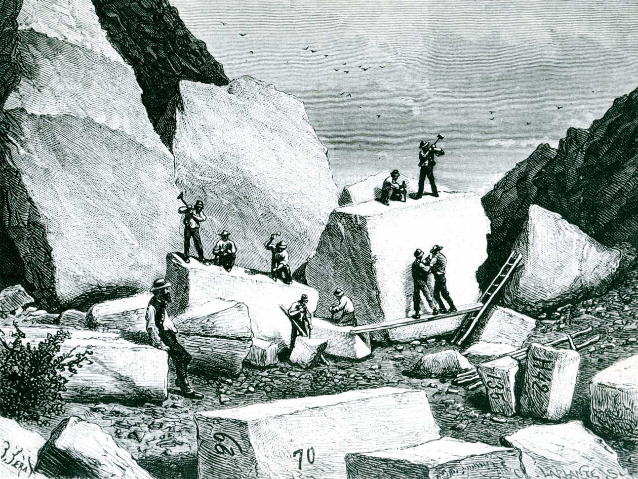 Mormonen beim Granitabbau für das Tabernakel, gezeichnet von J. Ferat und graviert von C. Laplante von American School