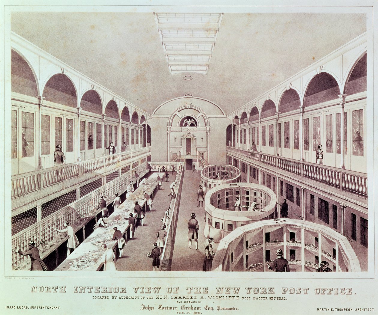 Nordansicht des Inneren des New Yorker Postamts, graviert von Endicott von American School