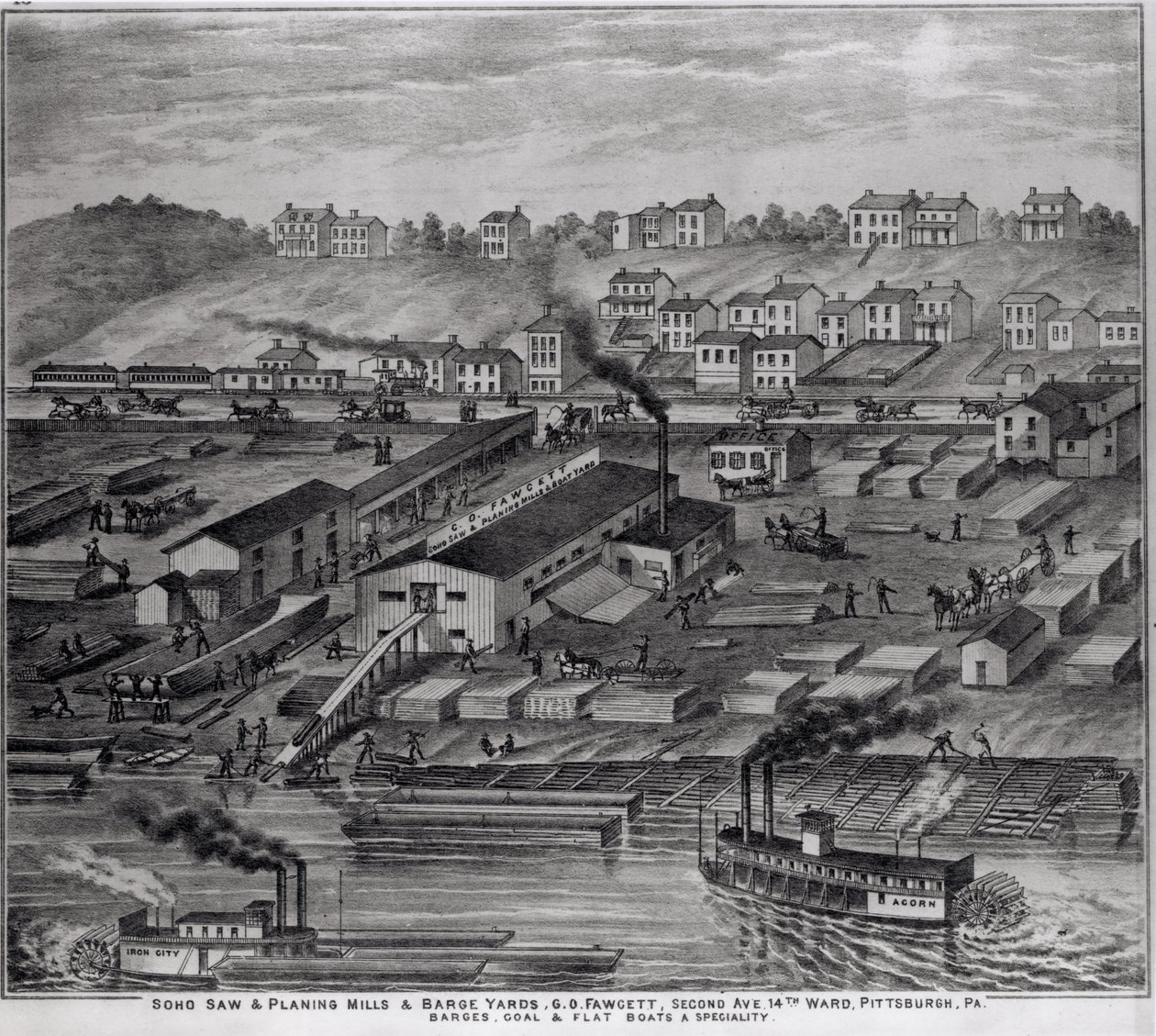 Soho Säge- und Hobelwerke und Barge Yards, G.O. Fawcett, Second Avenue, 14. Bezirk, Pittsburgh, PA, aus 