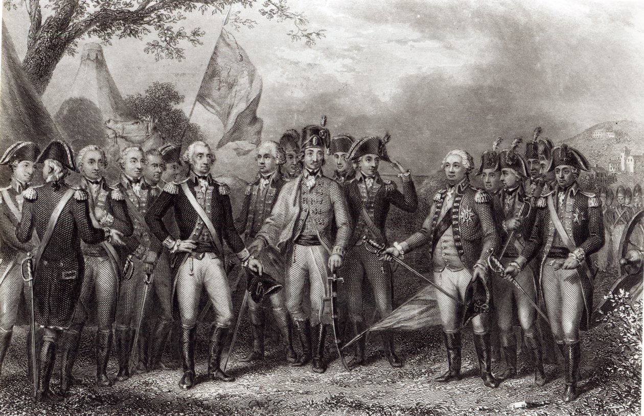 Die Briten übergeben ihre Waffen an General Washington, 19. Oktober 1781, graviert von J. Stephenson von American School