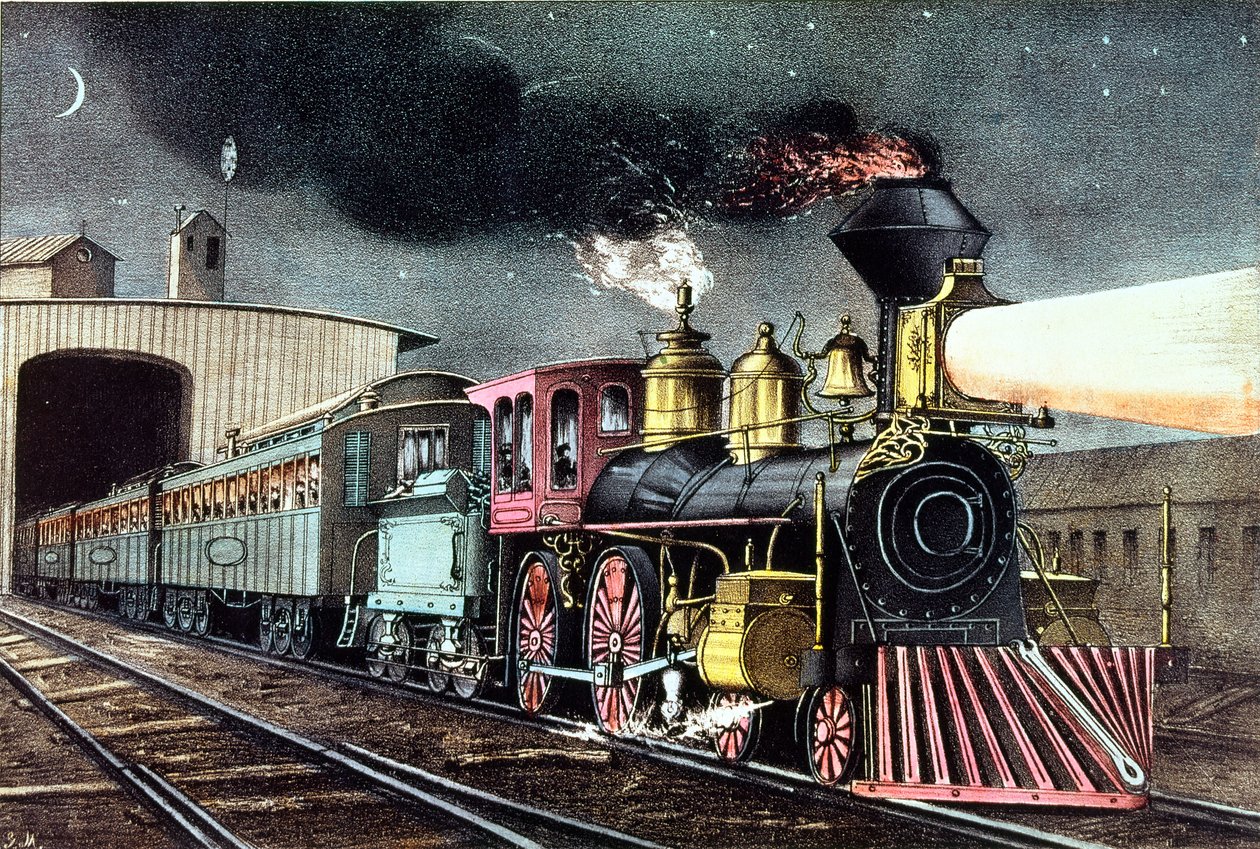 Der Nachtexpress: Der Start, veröffentlicht von Nathaniel Currier (1813-88) und James Merritt Ives (1824-95) von American School