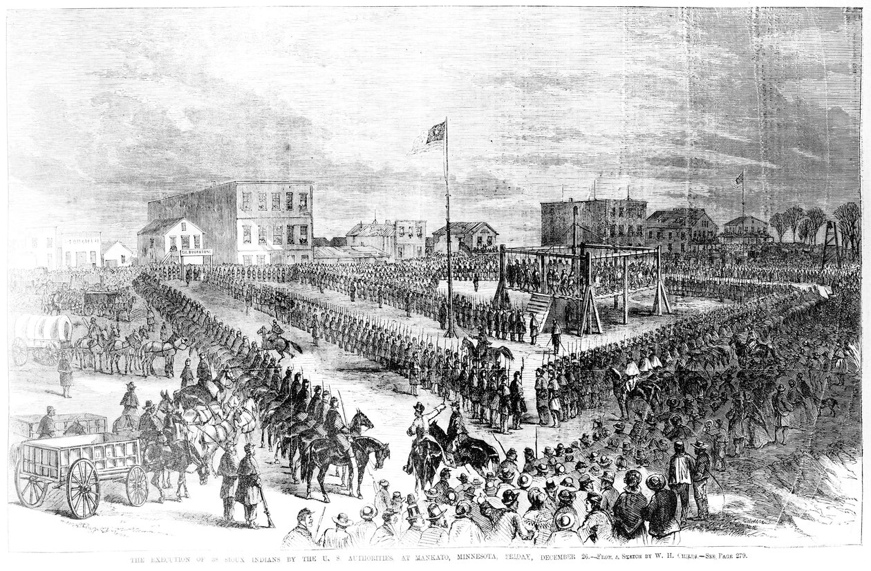 Die Hinrichtung von Sioux-Indianern durch die US-Behörden in Mankato, Minnesota am Freitag, den 26. Dezember 1862, aus Frank Leslies Illustrated Newspaper, 24. Januar 1863 von American School