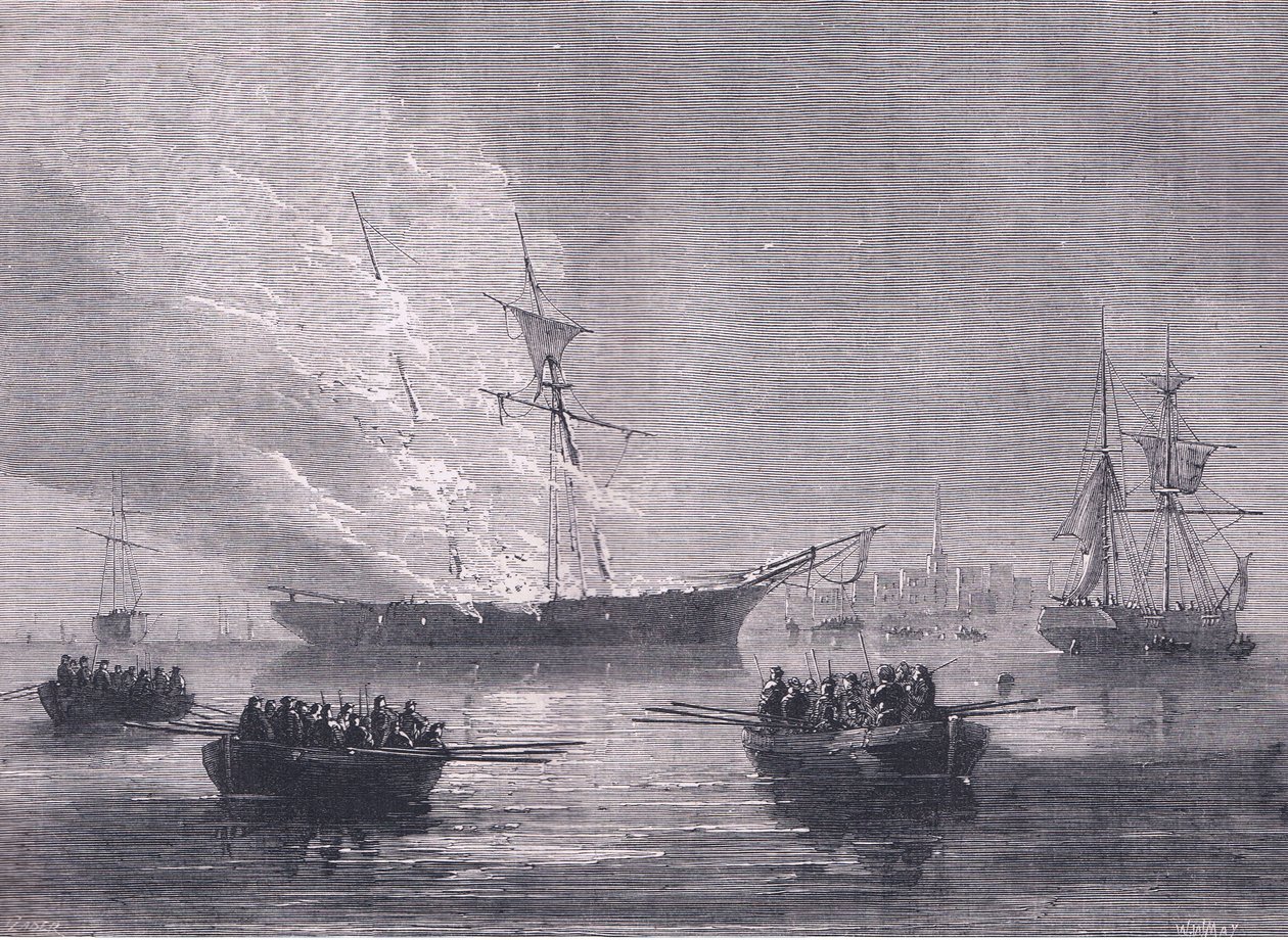 Die Verbrennung von Gaspe, Illustration aus Cassells Geschichte der Vereinigten Staaten, veröffentlicht von Cassell, Petter & Galpin, um 1900 (Lithographie) von American English school
