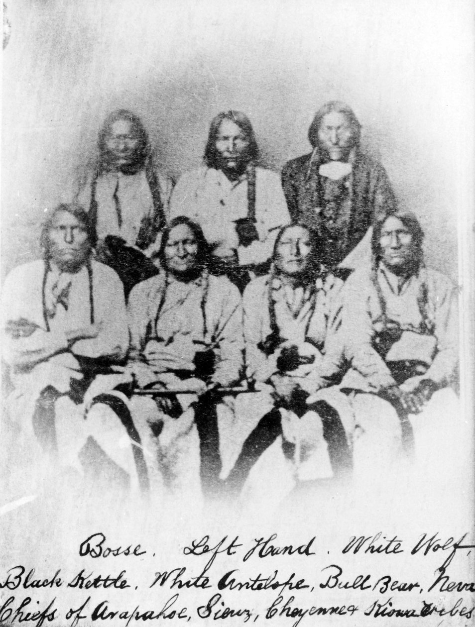 Bosse, Left Hand, White Wolf, Black Kettle, White Antelope, Bull Bear, Neva: Häuptlinge der Arapahoe, Sioux, Cheyenne und Kiowa Stämme, ca. 1860-68 von American Photographer