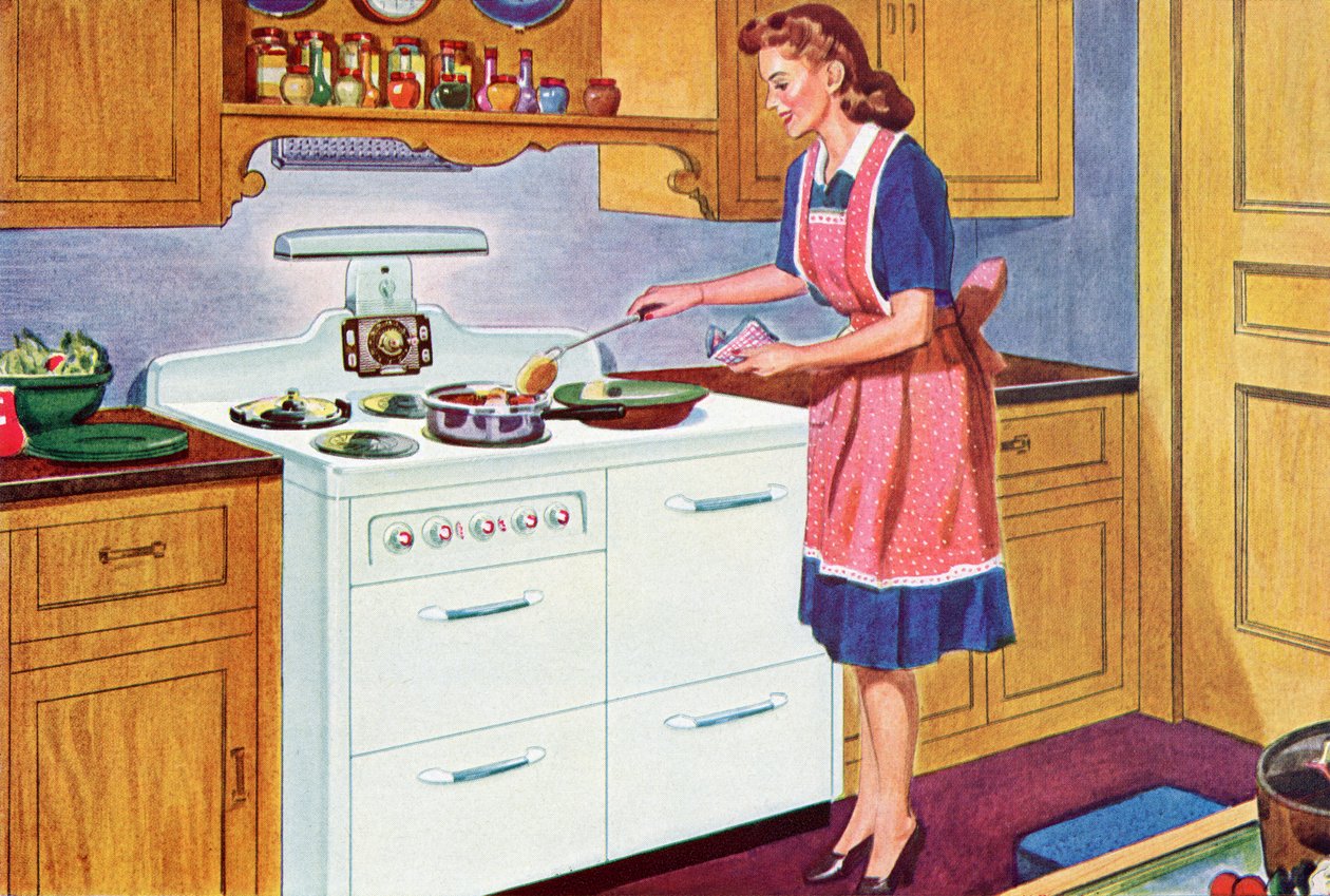Hausfrau der 1940er Jahre kocht Abendessen in ihrer Traumküche von American School