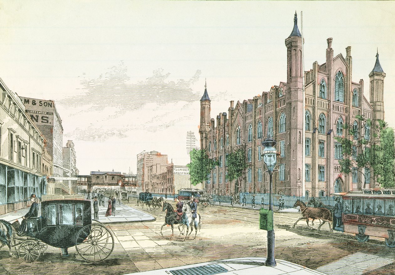 3rd Avenue und 23rd Street, Hochbahnstation und das College der Stadt New York, aus 36 Ansichten von New York und Umgebung, veröffentlicht von Charles Magnus von American School