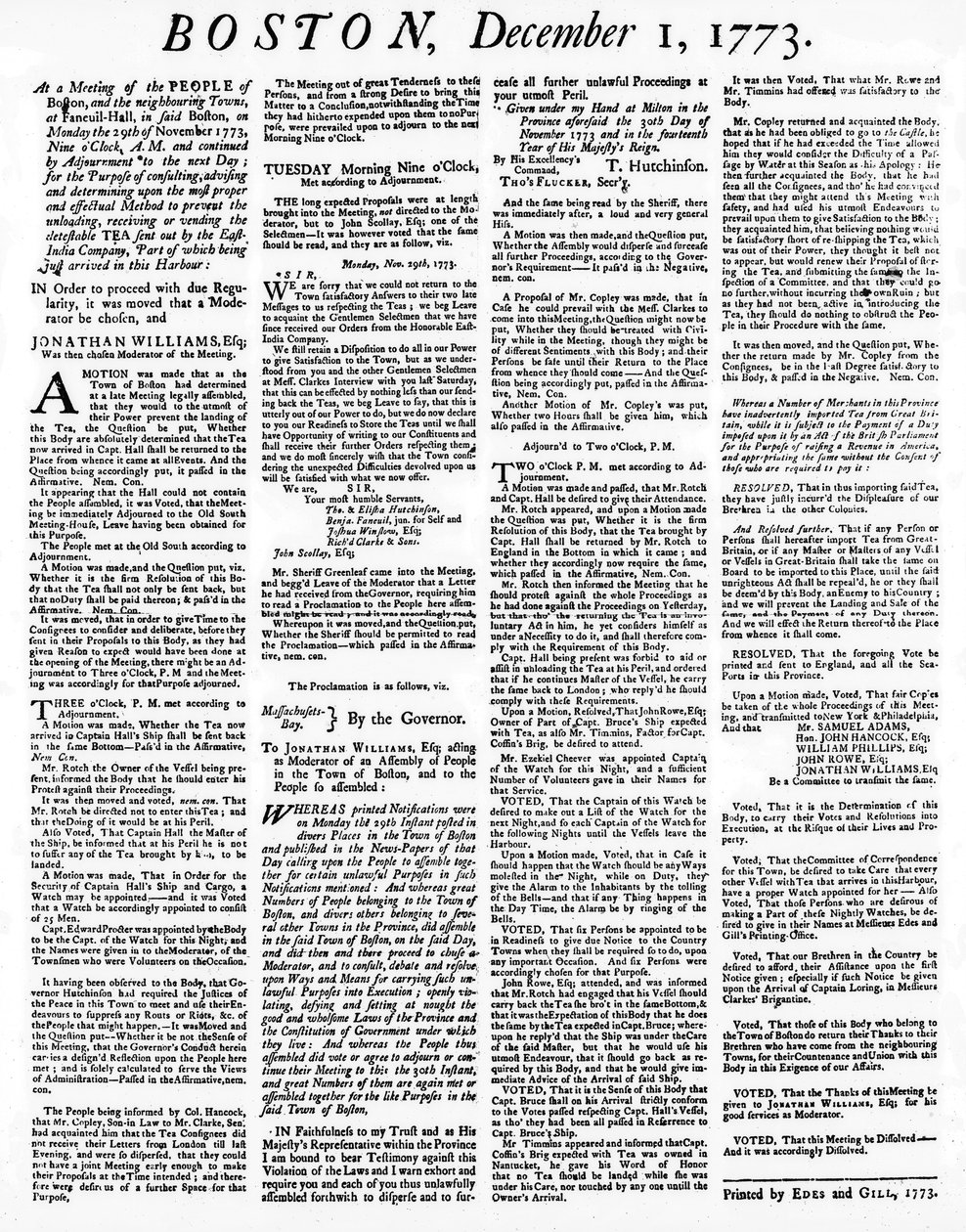 Ein Flugblatt, das die Ereignisse der Boston Tea Party im Dezember 1773 beschreibt von American School