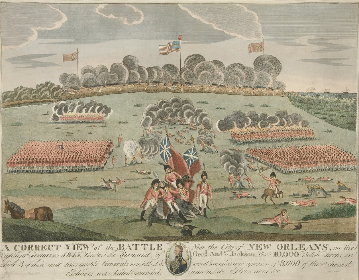 Eine korrekte Ansicht der Schlacht in der Nähe der Stadt New Orleans, veröffentlicht ca. 1815 von American School