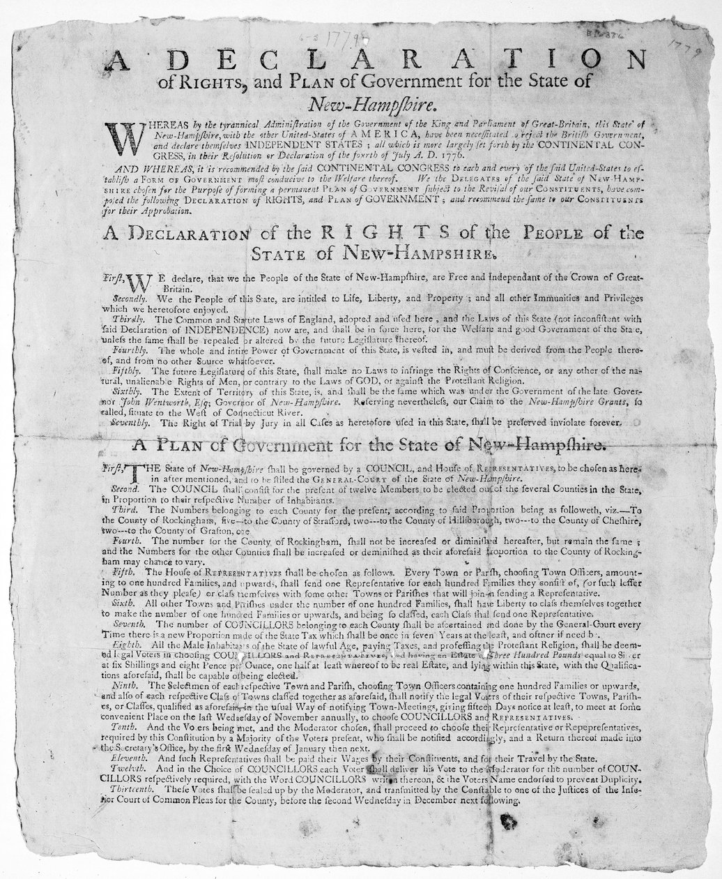 Eine Erklärung der Rechte und ein Regierungsplan für den Staat New Hampshire, 1779 von American School
