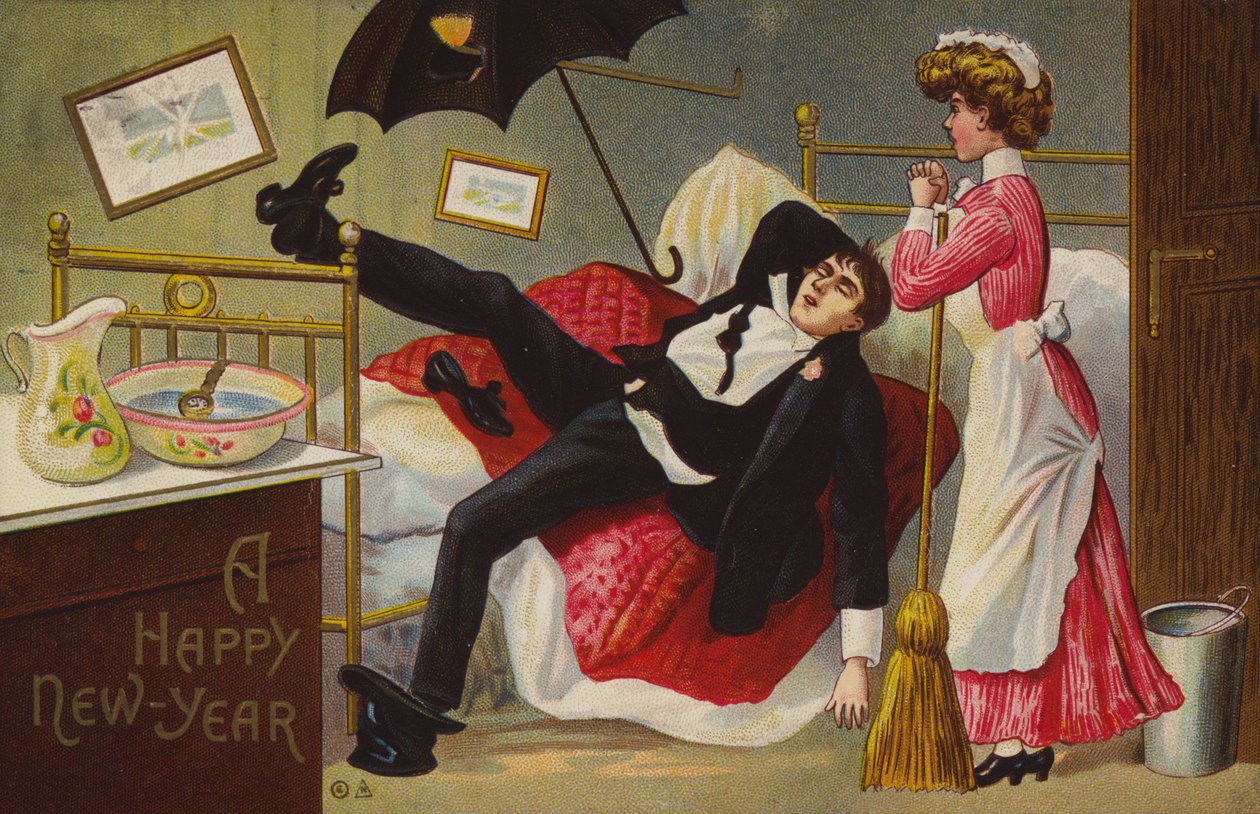 Ein Frohes Neues Jahr, Mann betrunken auf seinem Bett, Dienstmädchen schaut zu von American School