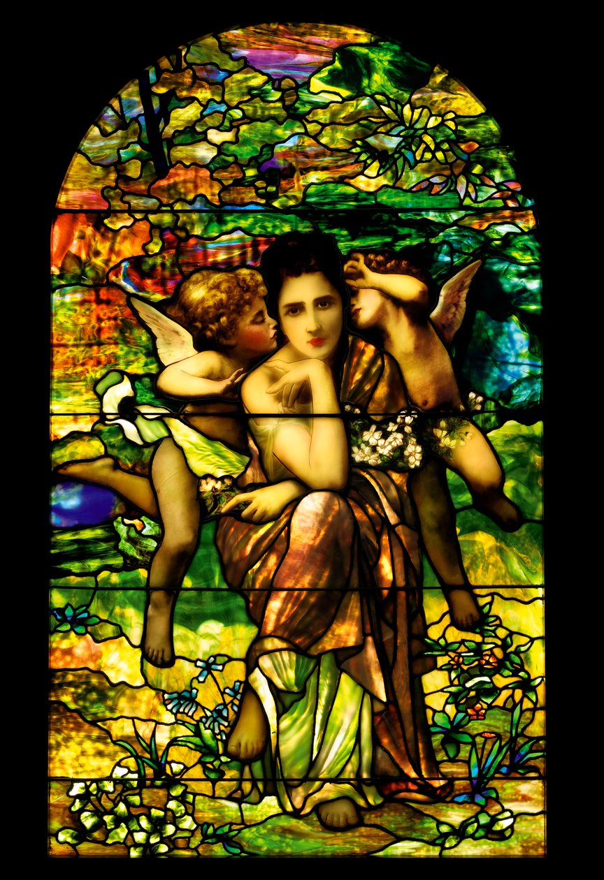 Ein bleiverglastes und plattiertes Favrile-Glasfenster, ca. 1895 von American School