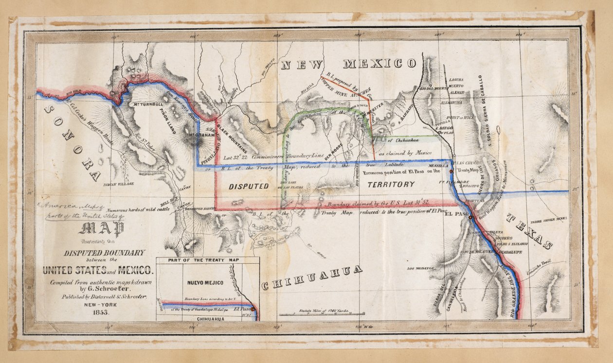 Eine Karte, die die umstrittene Grenze zwischen den Vereinigten Staaten und Mexiko illustriert von American School
