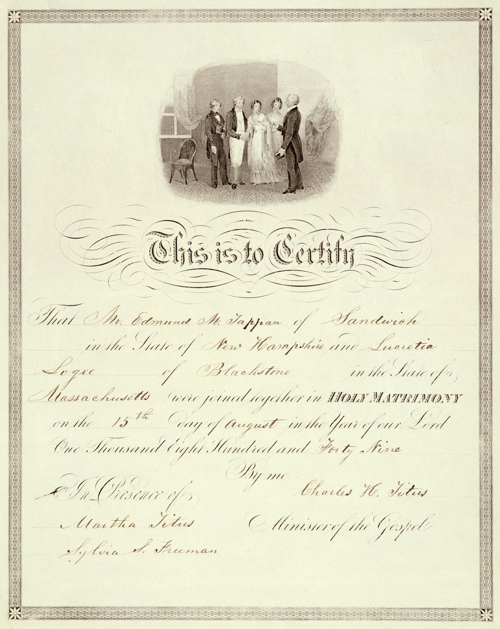 Eine Heiratsurkunde von 1849 von American School