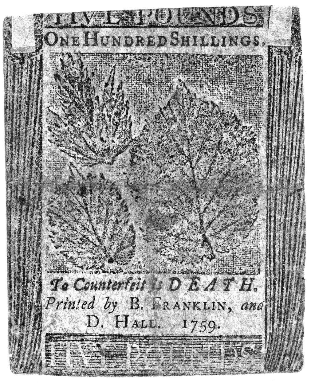 Eine Hundert-Schilling-Note, gedruckt von B. Franklin und D. Hall, 1759 von American School
