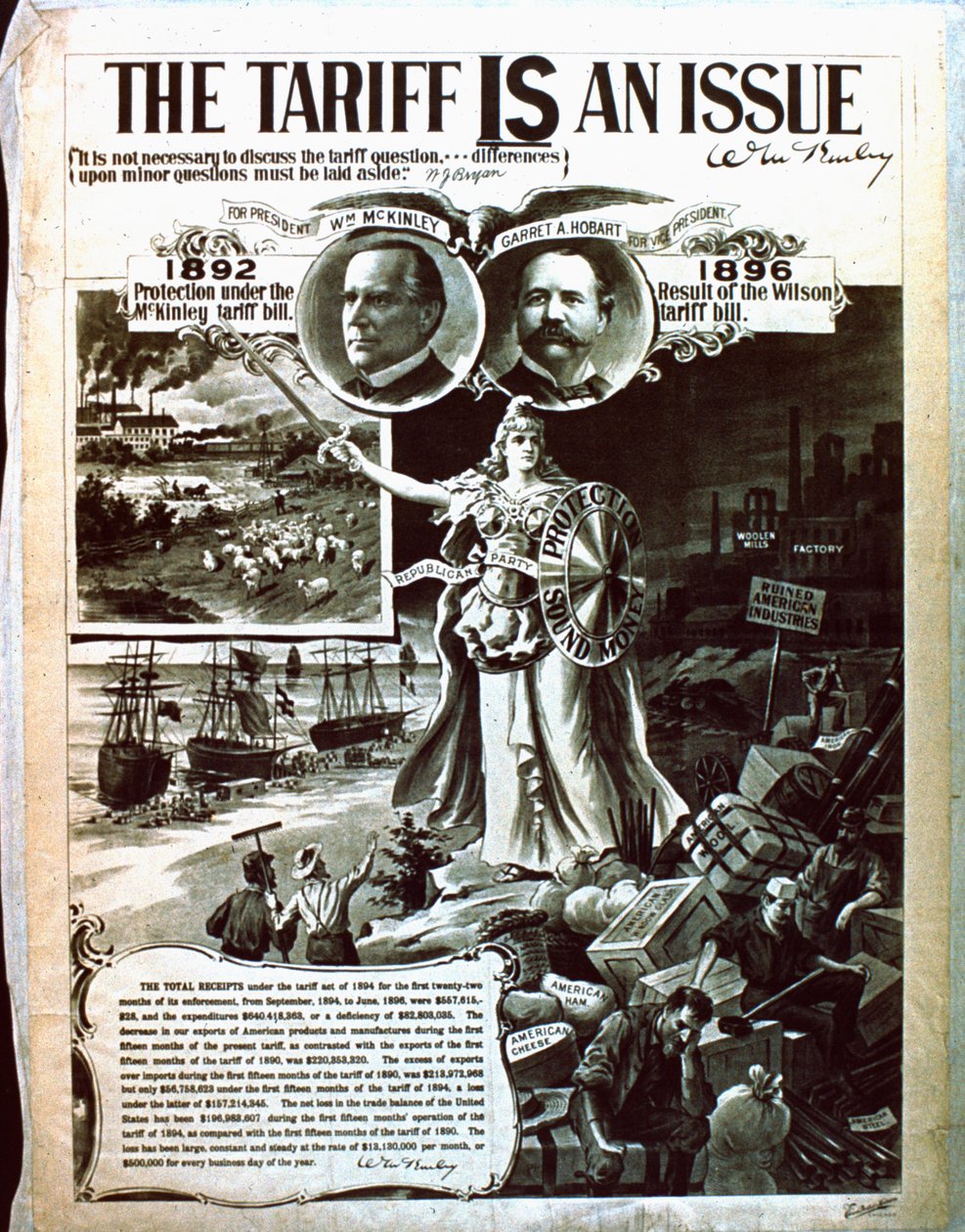 Ein politisches Plakat, das McKinleys Steuergesetz über Wilsons befürwortet von American School