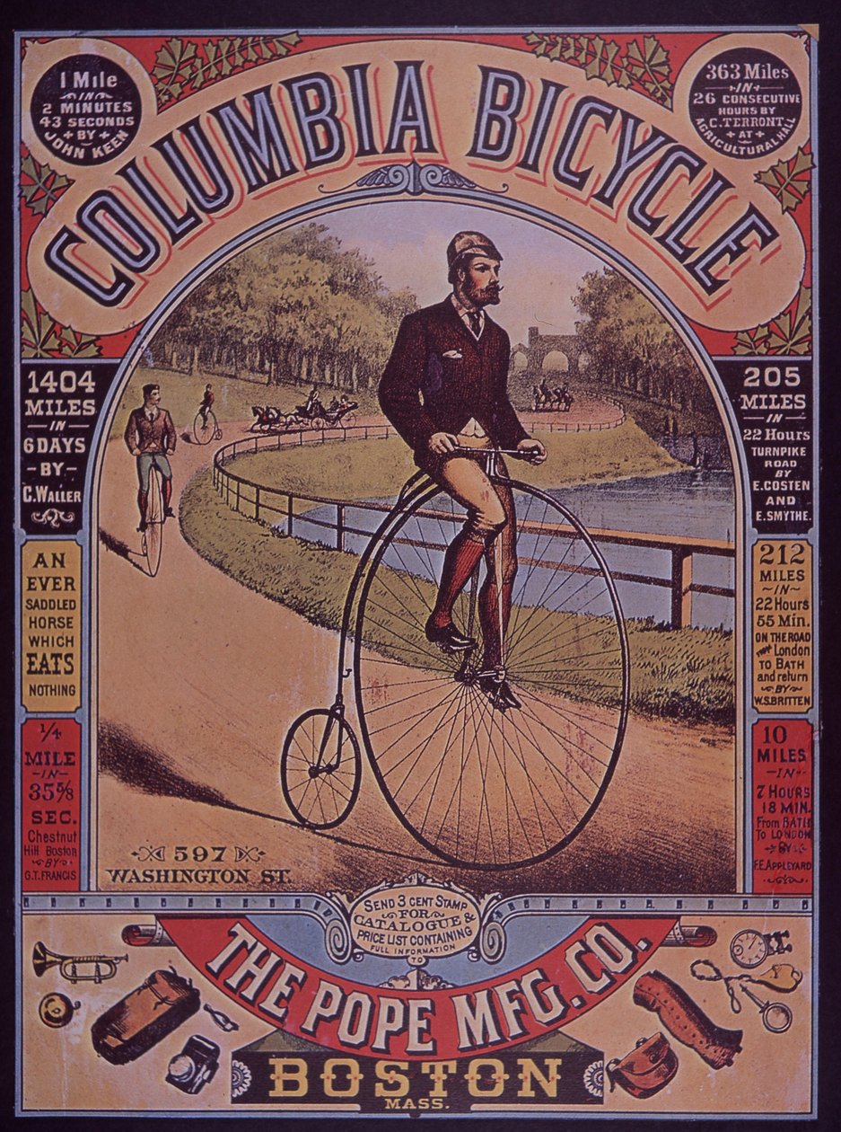 Werbung für Columbia Penny-Farthing Fahrrad, Boston, USA von American School