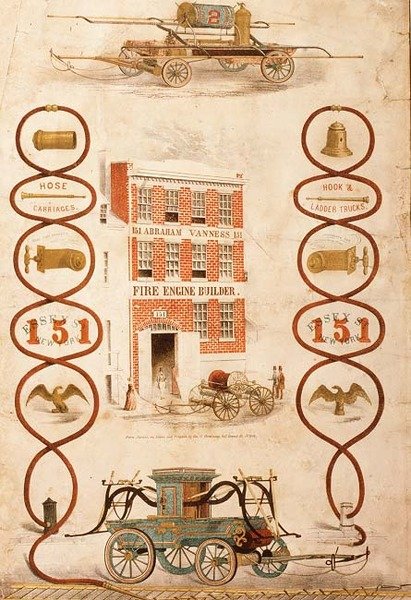 Werbung für Abraham Vanness, Feuerwehrgerätebauer und Hersteller von Feuerlöschgeräten, veröffentlicht von Geo. G. Gratacap, New York, ca. 1850 von American School