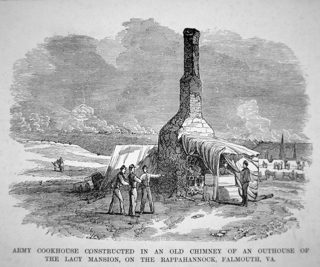 Armeeküche in einem alten Schornstein eines Nebengebäudes des Lacy-Herrenhauses am Rappahannock, Falmouth, Virginia (Gravur) von American School