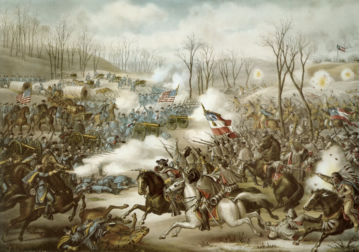 Schlacht von Pea Ridge, Arkansas, 6.-8. März, graviert von Kurz & Allison von American School