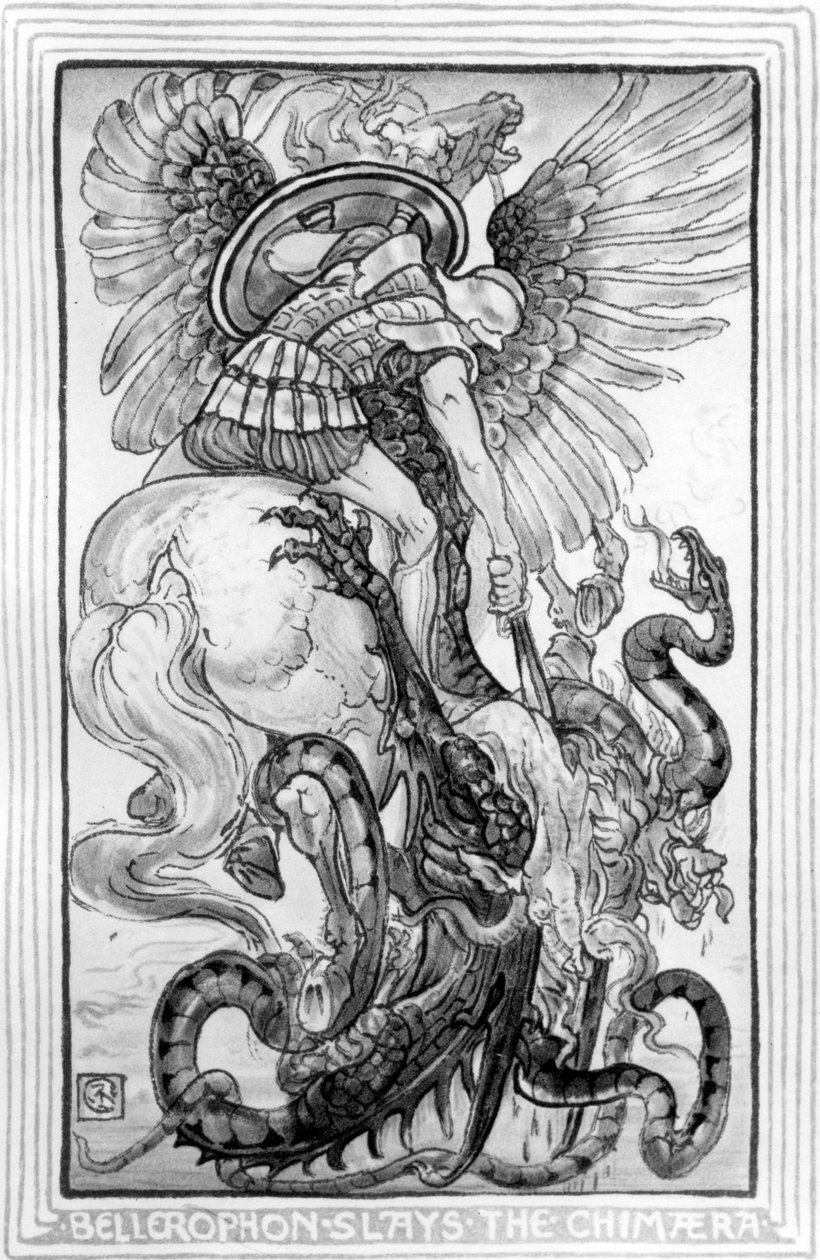 Bellepheron tötet die Chimäre, aus The Wonder-Book for Girls and Boys von Nathaniel Hawthorne, 1852 von American School