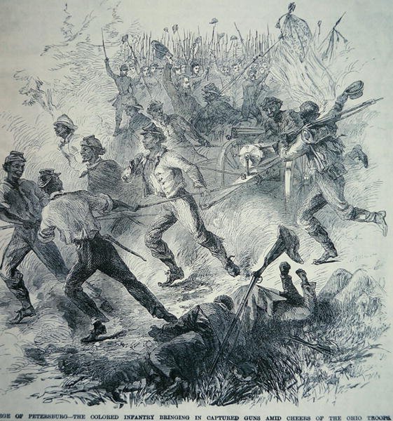 Schwarze Truppen der Unionsarmee bringen erbeutete Kanonen während der Belagerung von Petersburg (1864-65) von American School