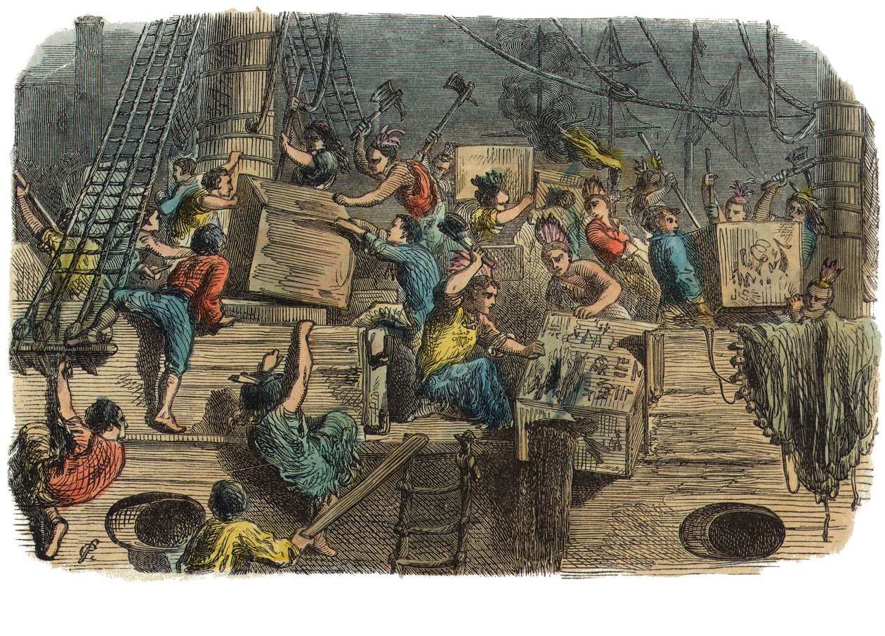 Boston Tea Party, ca. 1860er Jahre (handkolorierte Gravur) von American School