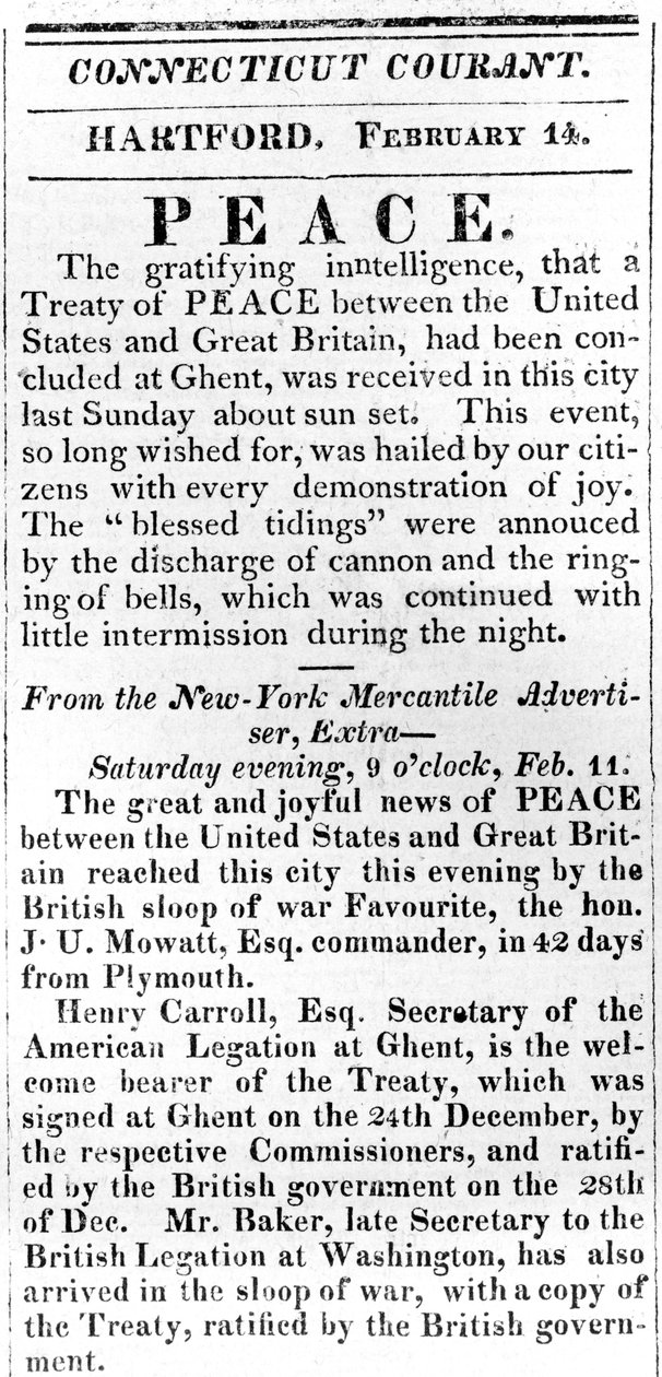 Flugblatt, das den Frieden zwischen den USA und Großbritannien nach dem Krieg von 1812 ankündigt, gedruckt in der Connecticut Courant, 1815 von American School