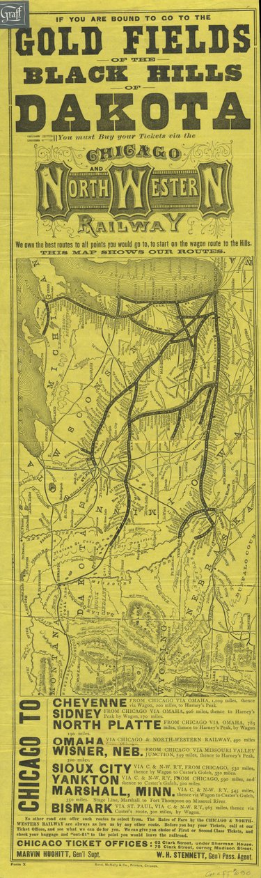 Plakat für die Chicago and North Western Railway, gedruckt von Rand McNally, ca. 1870 von American School