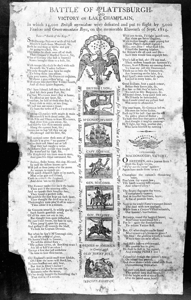 Flugblatt aus dem Krieg von 1812, mit der Schlacht von Plattsburgh und dem Sieg auf dem Lake Champlain von American School