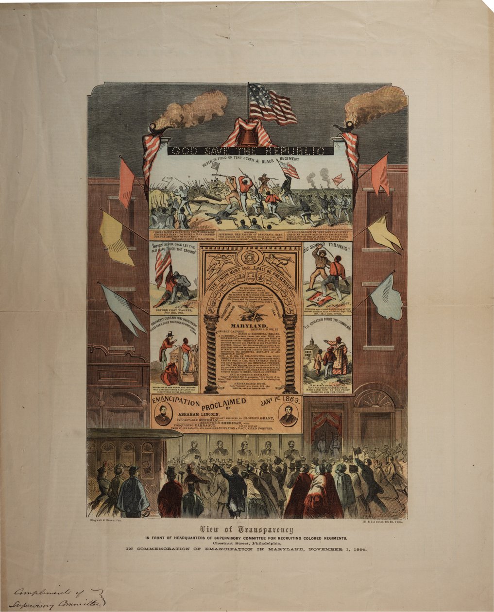 Flugblatt zur Rekrutierung von Afroamerikanern und zur Feier der Emanzipation in Maryland, Ringwalt & Brown (fl.1863-1865), ca. 1. November 1864 von American School