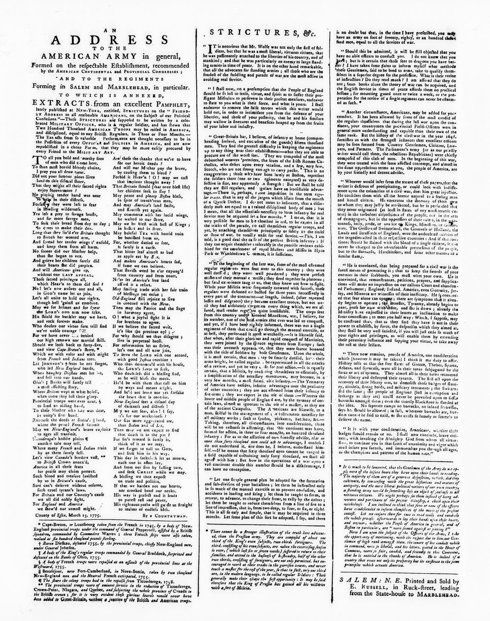 Flugblatt mit einer Ansprache an die amerikanische Armee, Salem, 1775 von American School