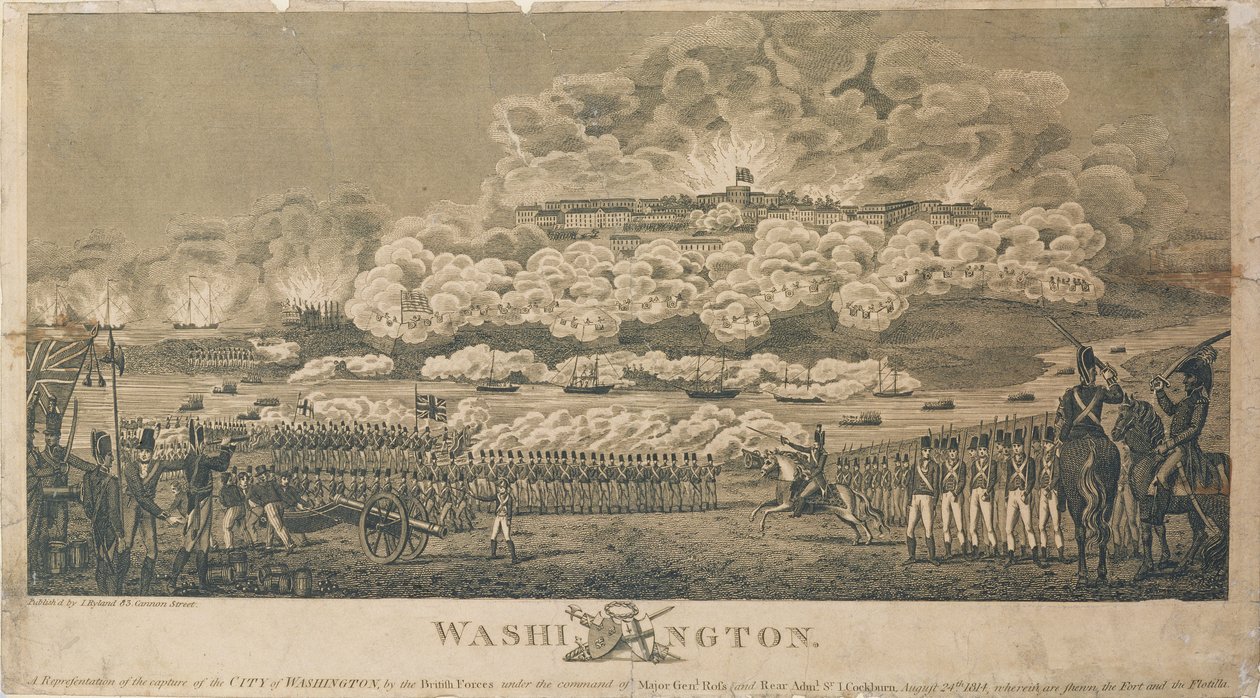 Brand von Washington durch die Briten, 24. August 1814, veröffentlicht von I. Ryland von American School
