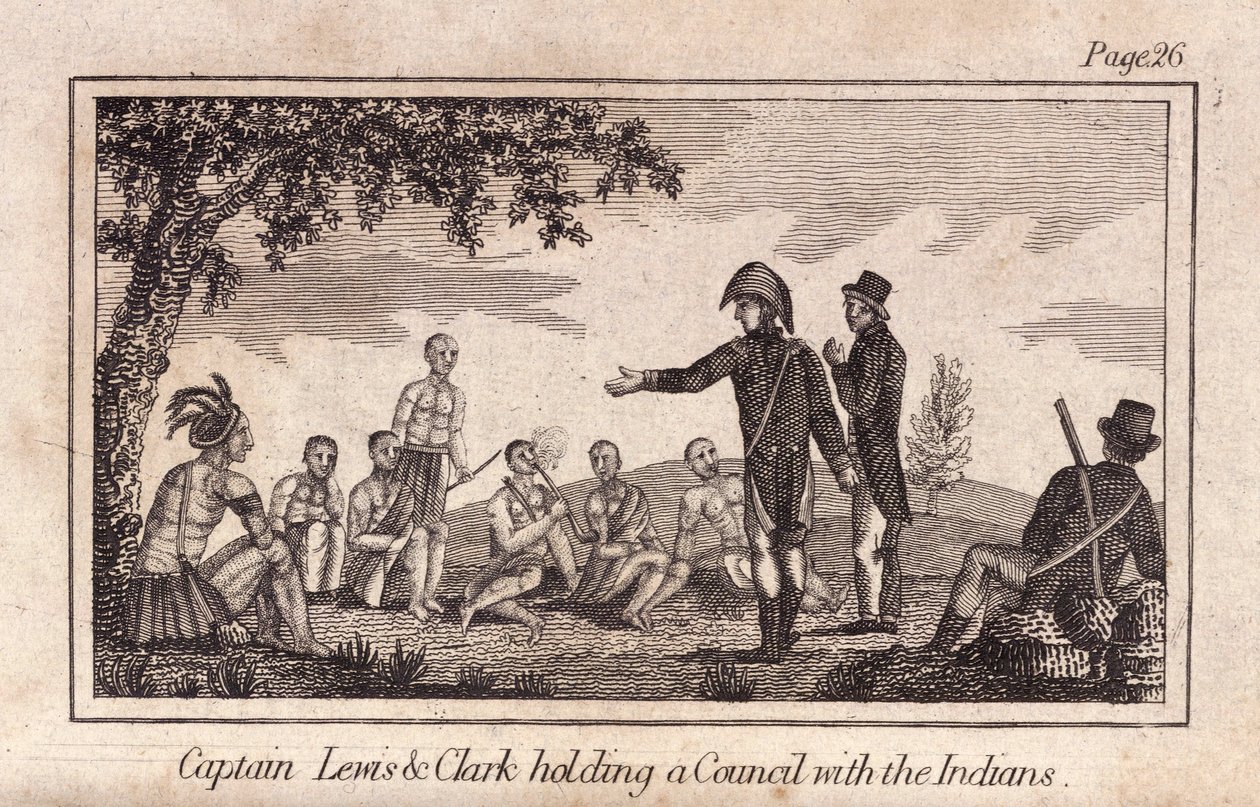 Kapitän Lewis & Clarke halten einen Rat mit den Indianern, veröffentlicht 1812 von American School