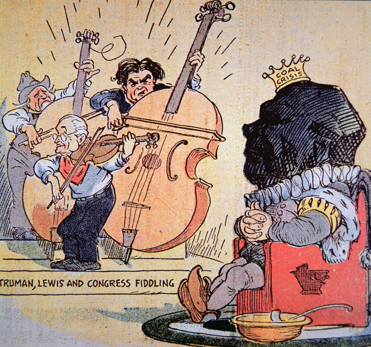 Karikatur von Harry S. Truman (1884-1972) mit John Llewellyn Lewis (1880-1969) und dem Kongress von American School