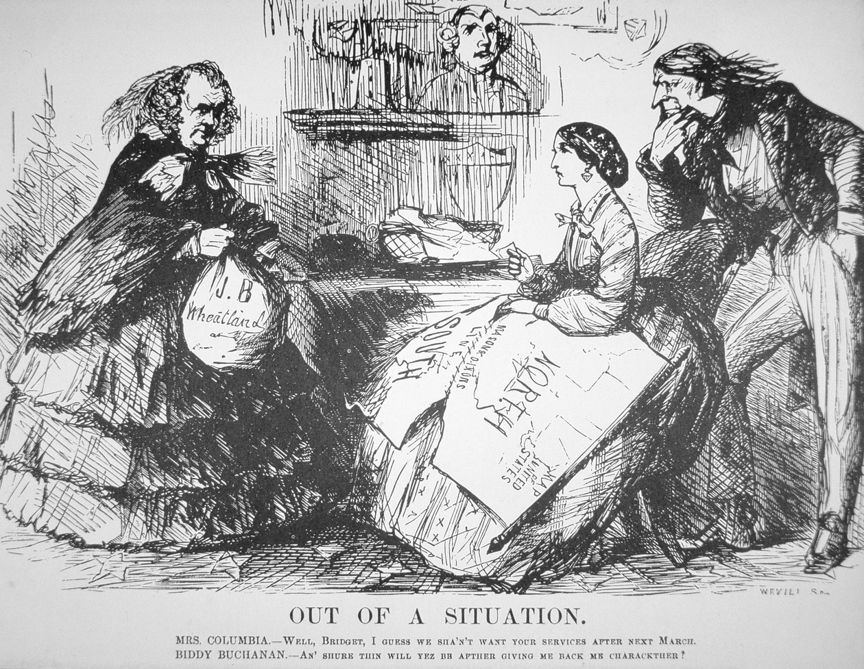Karikatur im Vanity Fair Magazin, die die Ablehnung von James Buchanan durch das amerikanische Volk satirisiert, 7. April von American School