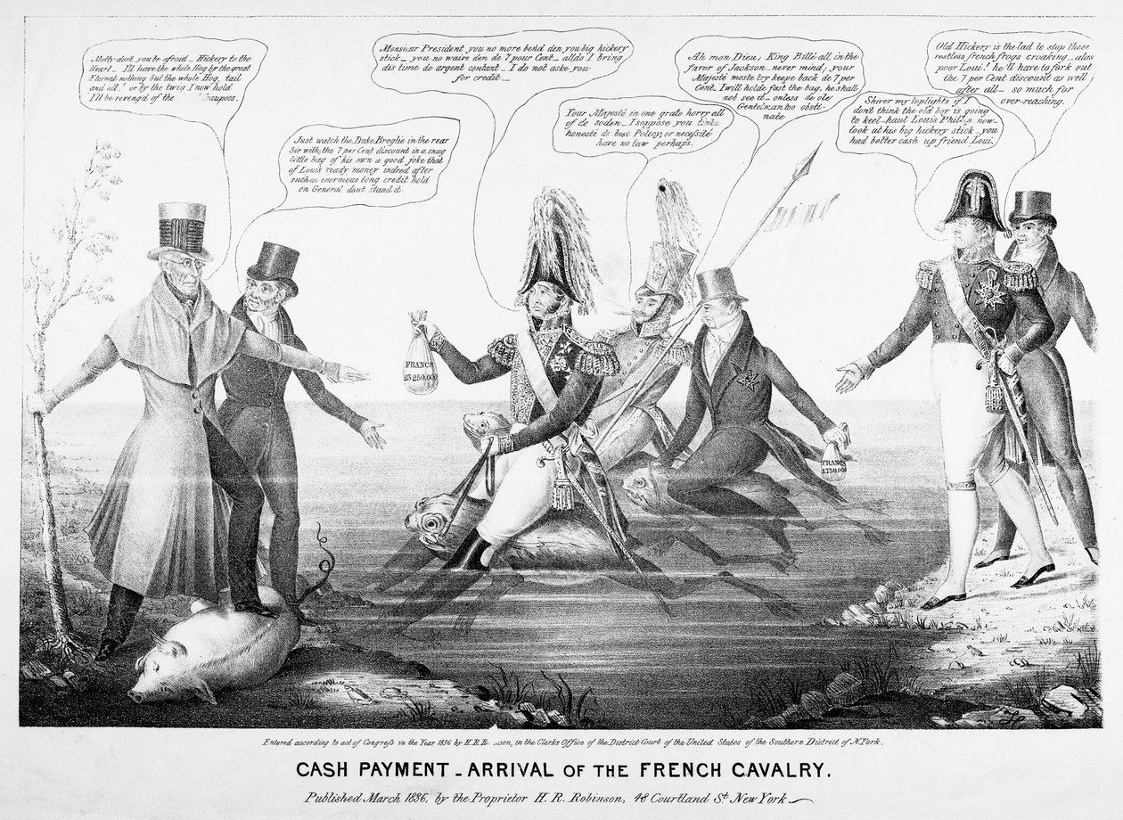 Barzahlung - Ankunft der französischen Kavallerie, veröffentlicht von H.R. Robinson, New York, 1836 (Gravur) von American School
