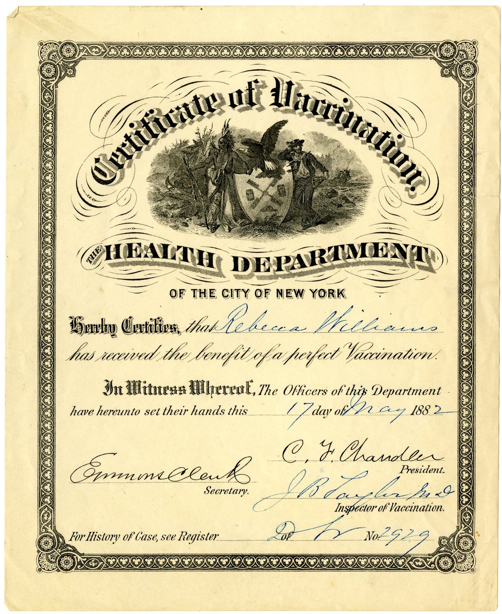 Impfzertifikat, Gesundheitsamt der Stadt New York, 1882 von American School